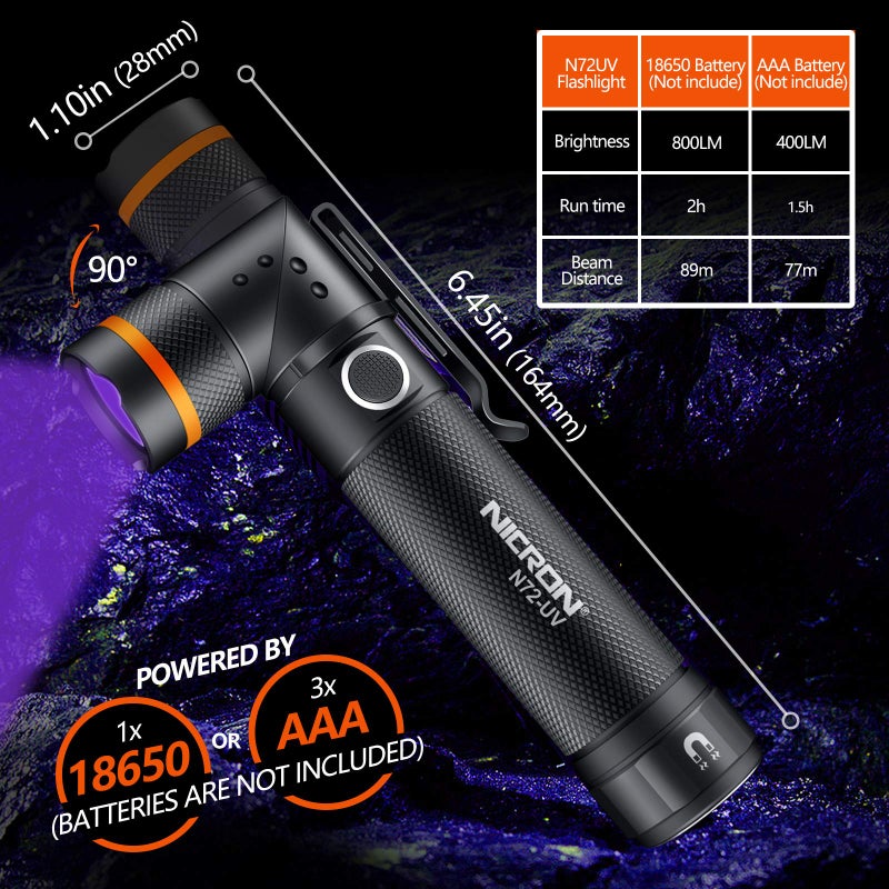 NICRON UV Flashlight, N72-UV 800LM White Light, Freely Switch Between White Light and UV Light Detector for Dog Urine, Wet Stains Bed Bugs,Camping, Outdoor,Maintain (18650/AAA Not Included) - Image 2